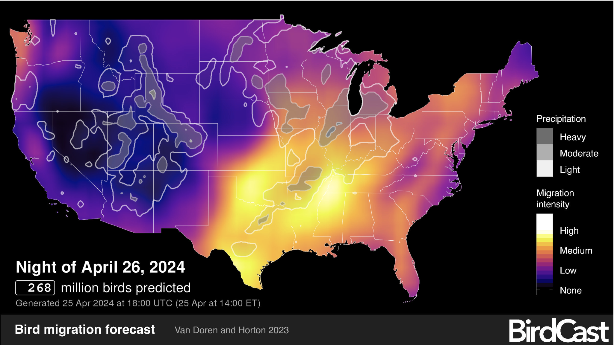 bird migration forecast map for April 26, 2024