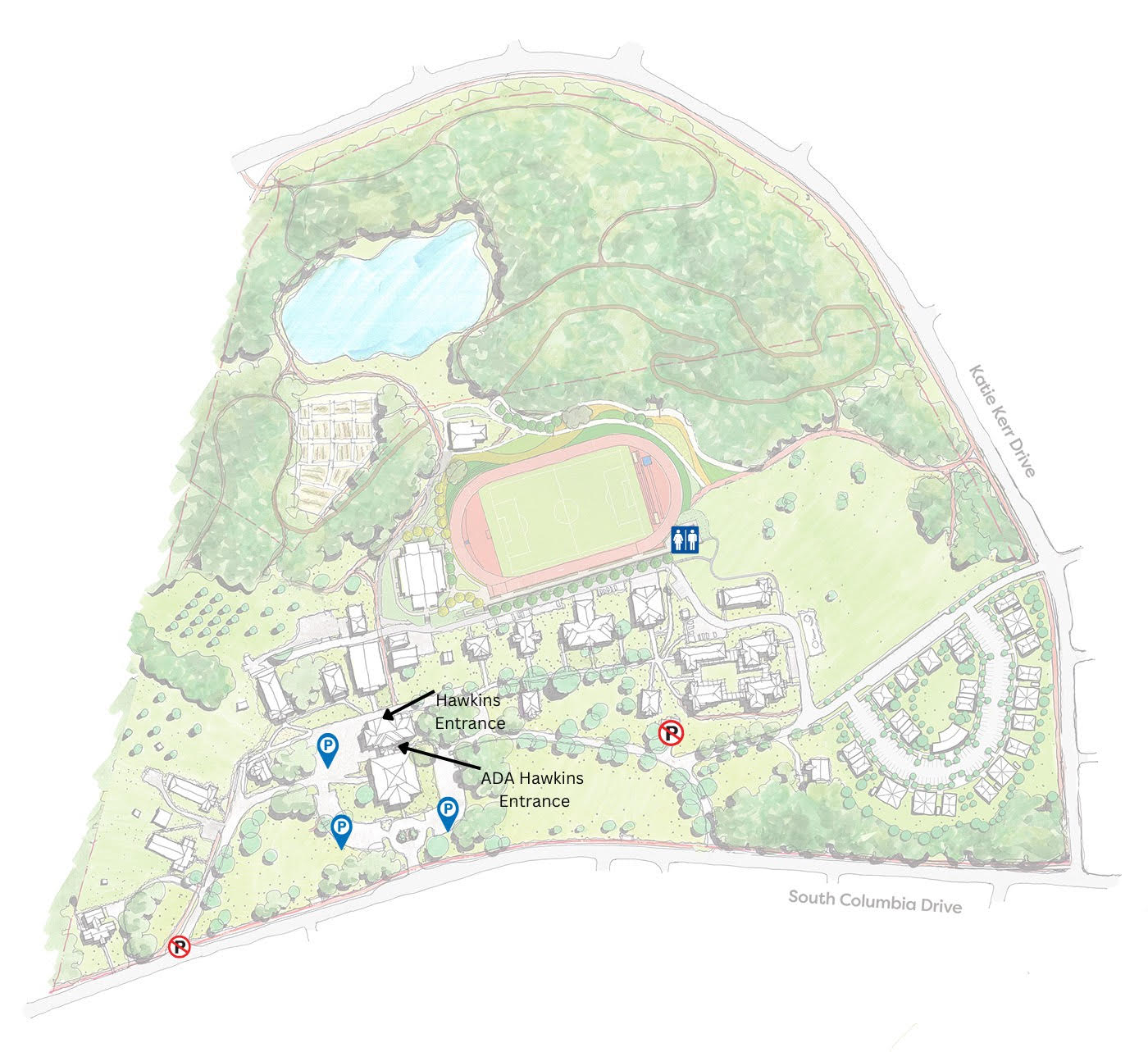 A map of Dekalb County's Legacy Park, indicating the location of Hawkins Hall, and public parking locations.
