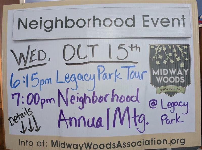 Sign providing details of the Midway Woods Association 2025 Annual Meeting